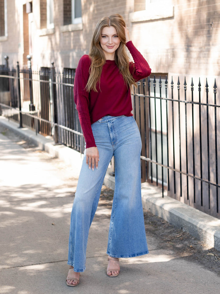 pointelle sleeve wine colored sweater