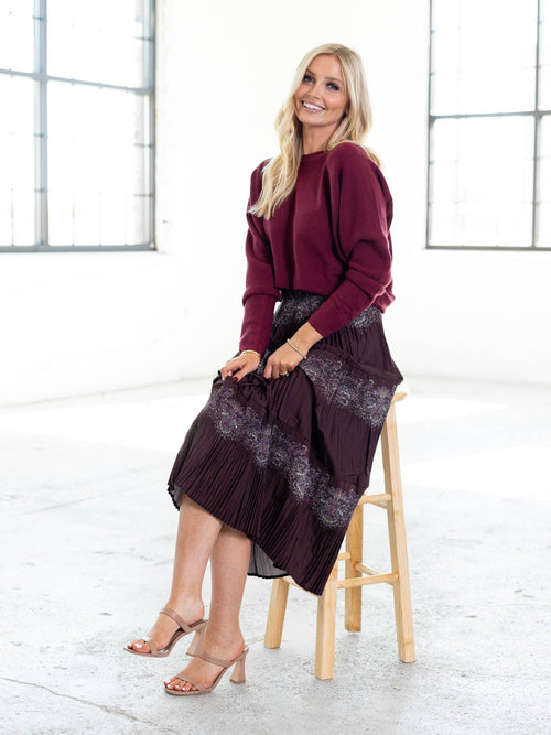 dark wine colored waffle knit top