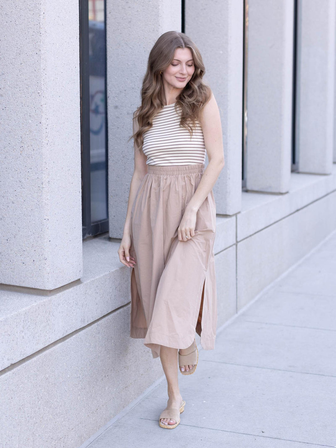 tan stripe midi dress
