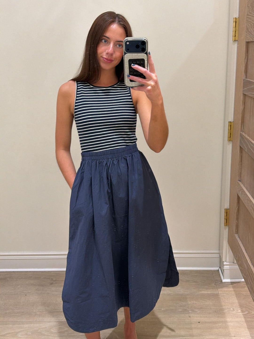 navy stripe midi dress