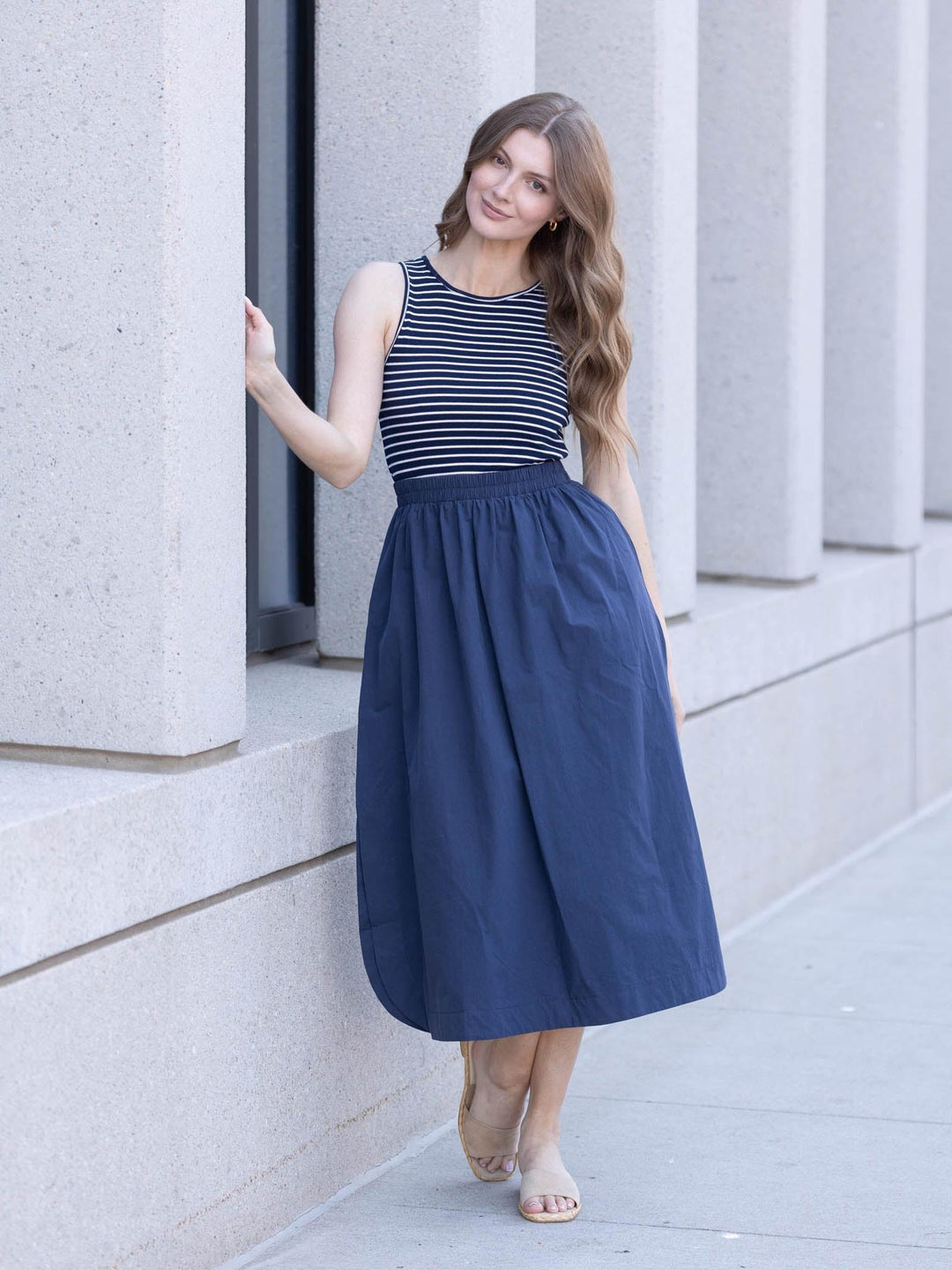 navy stripe midi dress