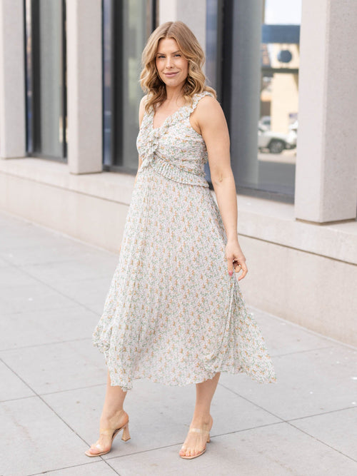 neutral midi length floral dress