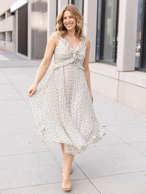 neutral midi length floral dress