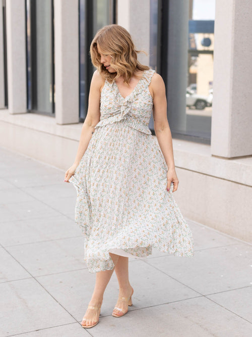 neutral midi length floral dress