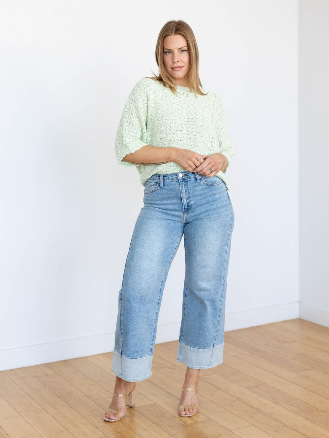 open knit short sleeve sweater