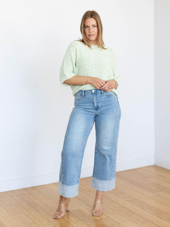 open knit short sleeve sweater