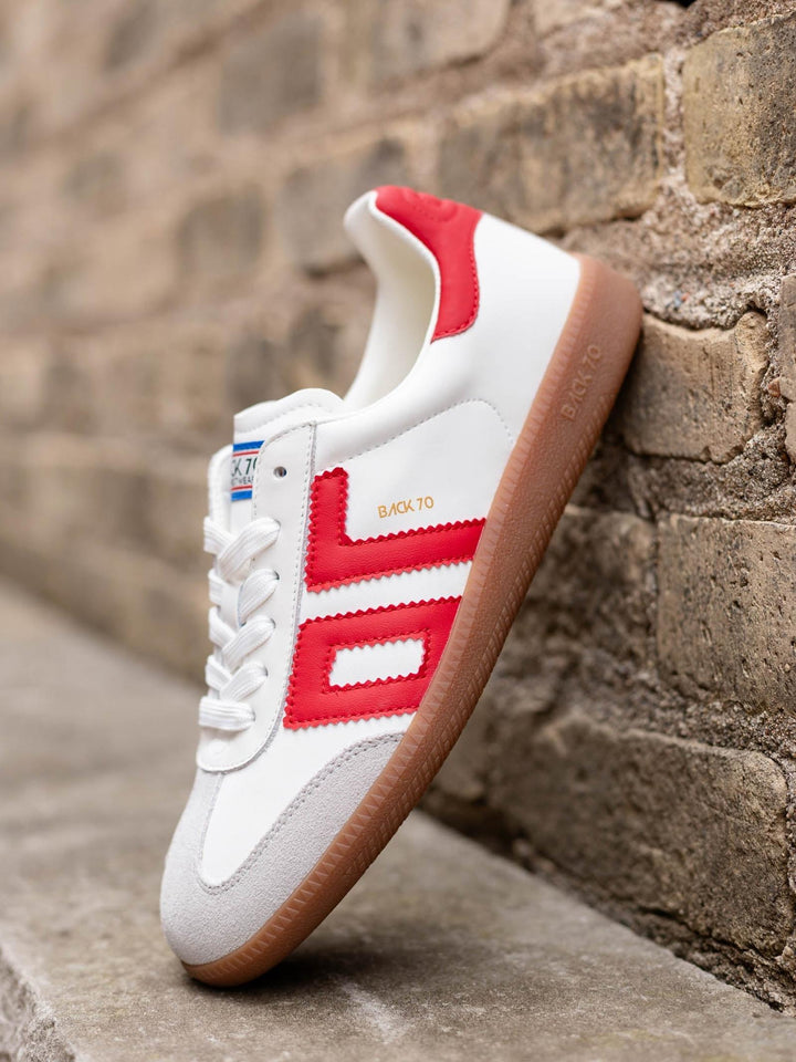 BACK 70 Cloud Sneaker in white with red stripes and heel, grey suede toe, and gum sole.