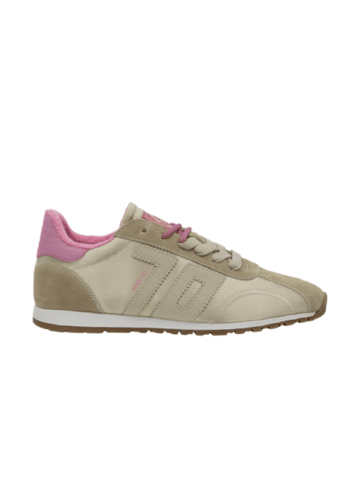 Beige sneaker with pink accents on a white background