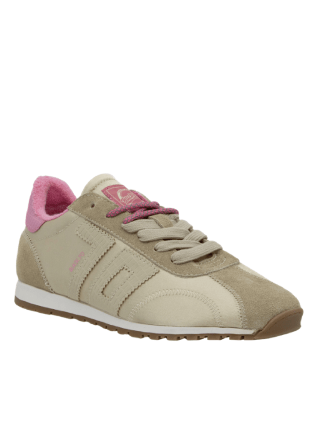 Beige sneaker with pink accents on a white background