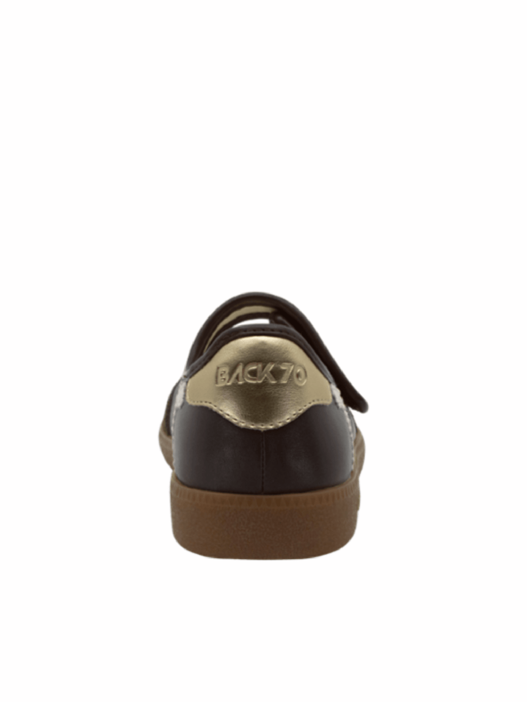 A single Back To School shoe shown from the back, featuring a dark brown leather upper with a metallic gold heel tab and a brown sole, set against a plain white background.