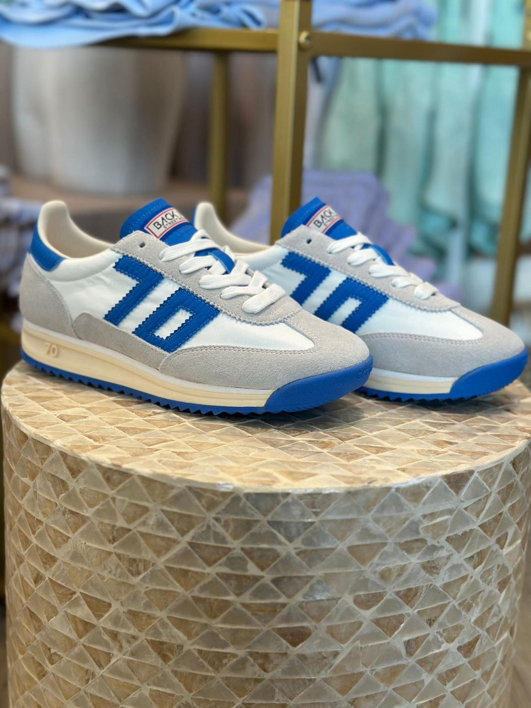 blue and white sneakers