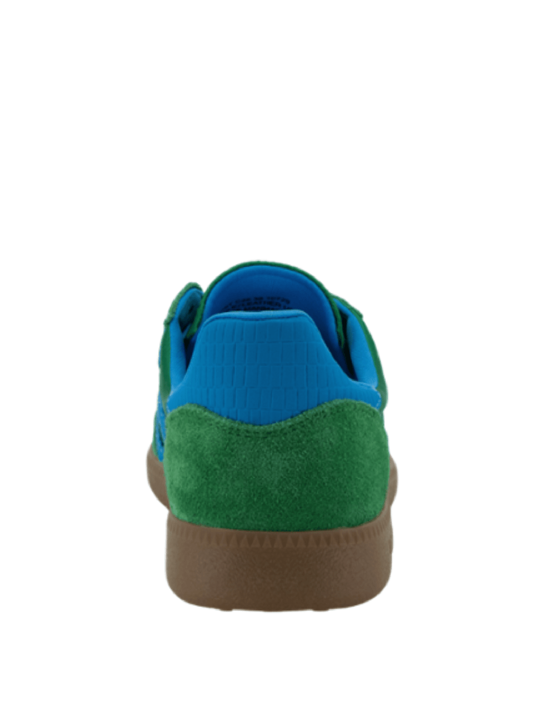 A low-top sneaker shown from the rear, featuring a bright blue knit collar, green suede overlays, and a brown gum sole, isolated on a white background.