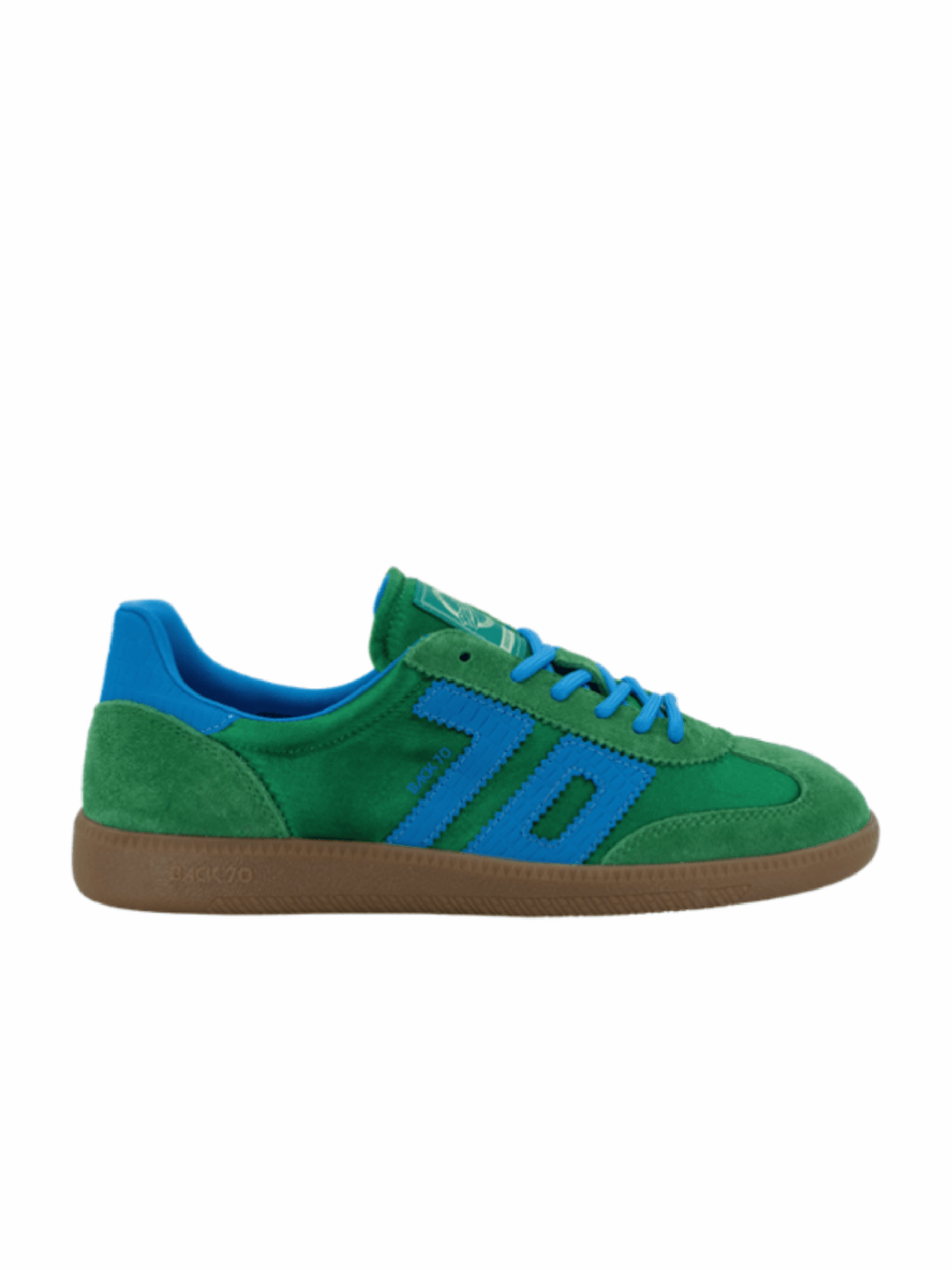 A green suede sneaker with bright blue accents on the laces, side stripes, and heel tab, featuring a brown gum sole, shown against a plain white background.