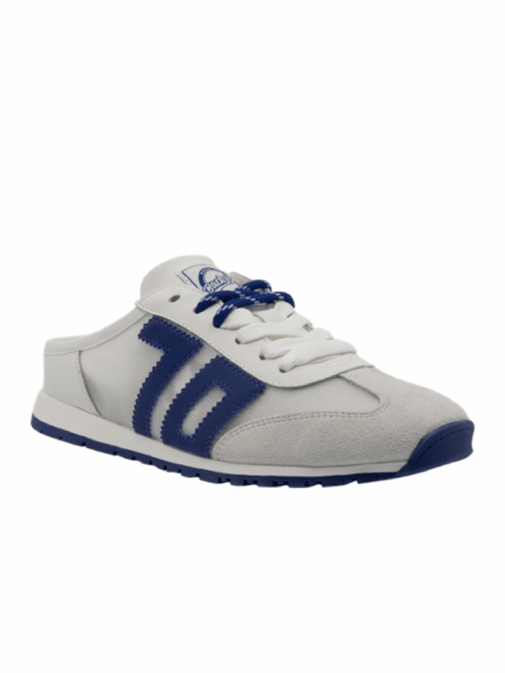 A white and navy blue low-top sneaker with a textured suede-like upper, white laces, and a navy blue side stripe design, shown against a plain white background.