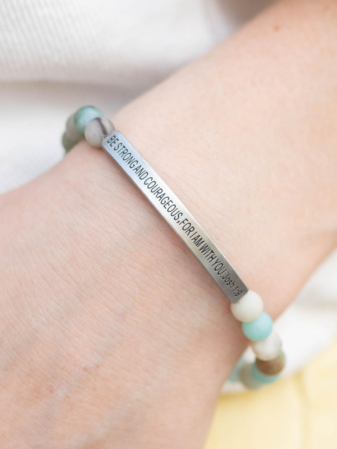 Amazonite stone stretch bracelet with a silver bar engraved "Be Strong and Courageous, For I Am With You Josh 1:9".