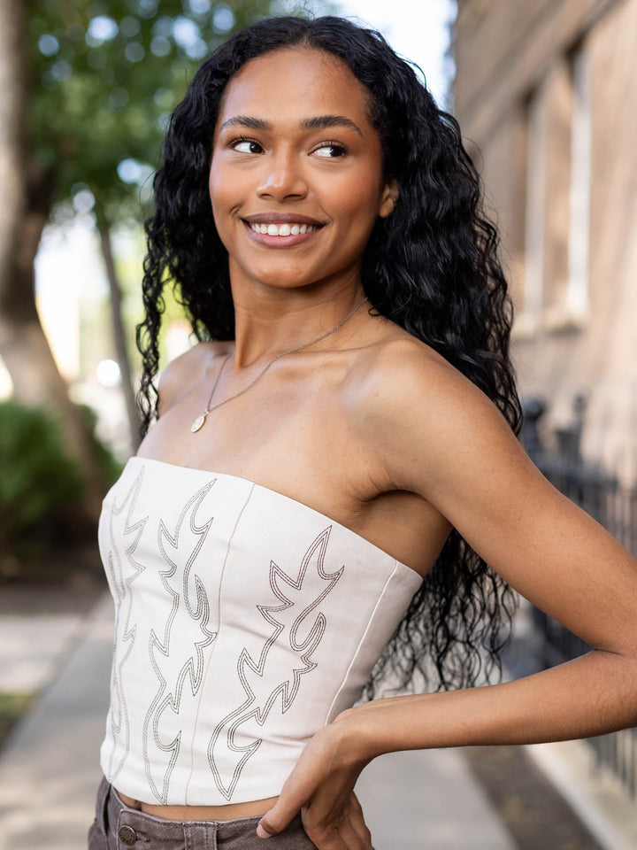 embroidered faux leather corset top