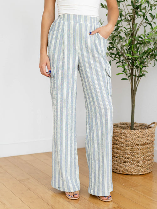 blue and ivory stripe cargo pants