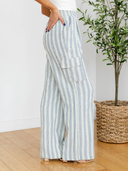 blue and ivory stripe cargo pants