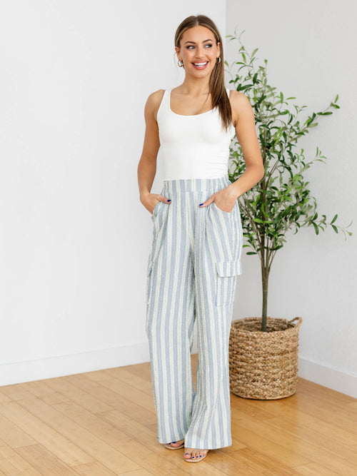 blue and ivory stripe cargo pants