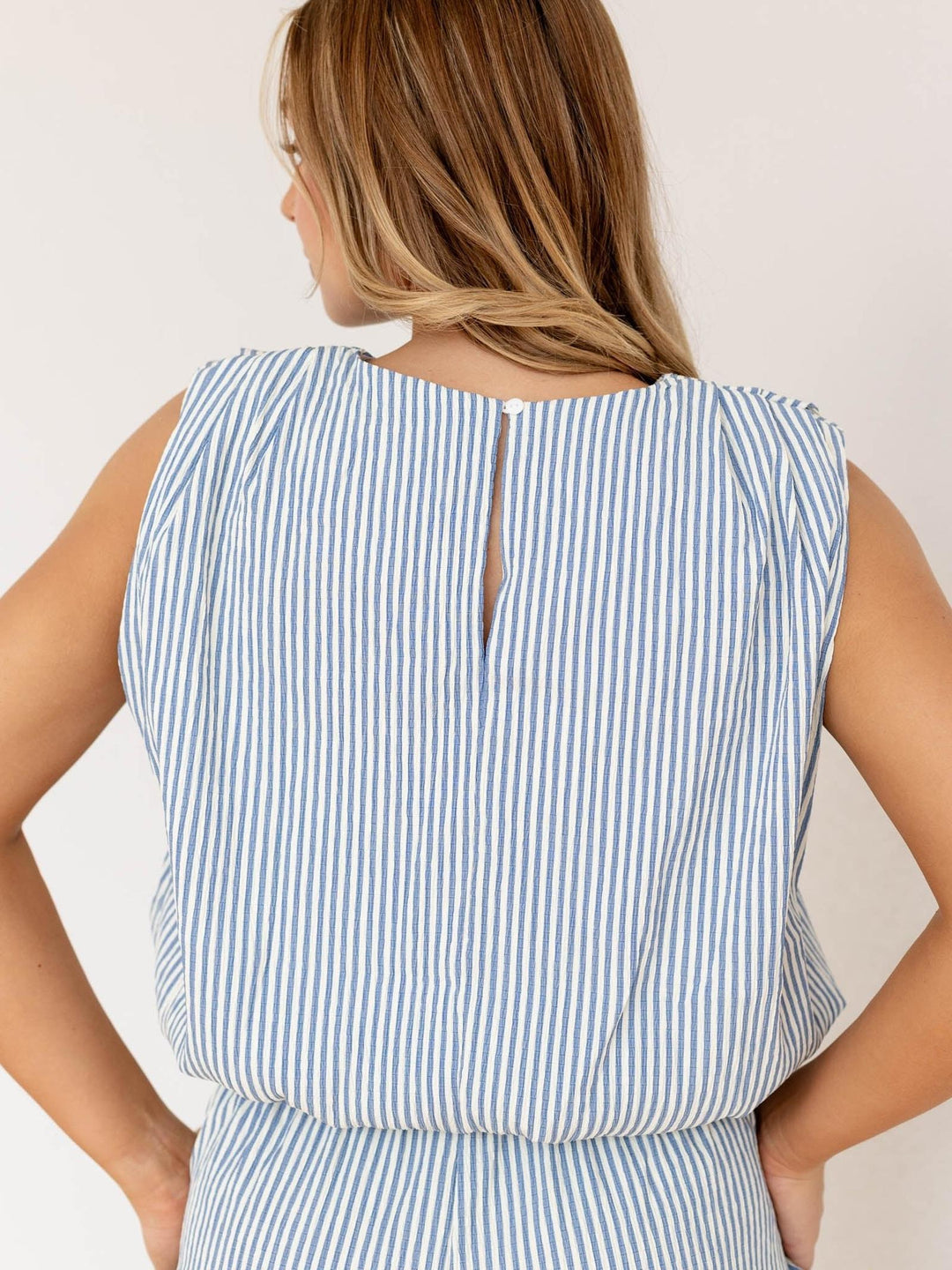 blue and white stripe bubble hem top