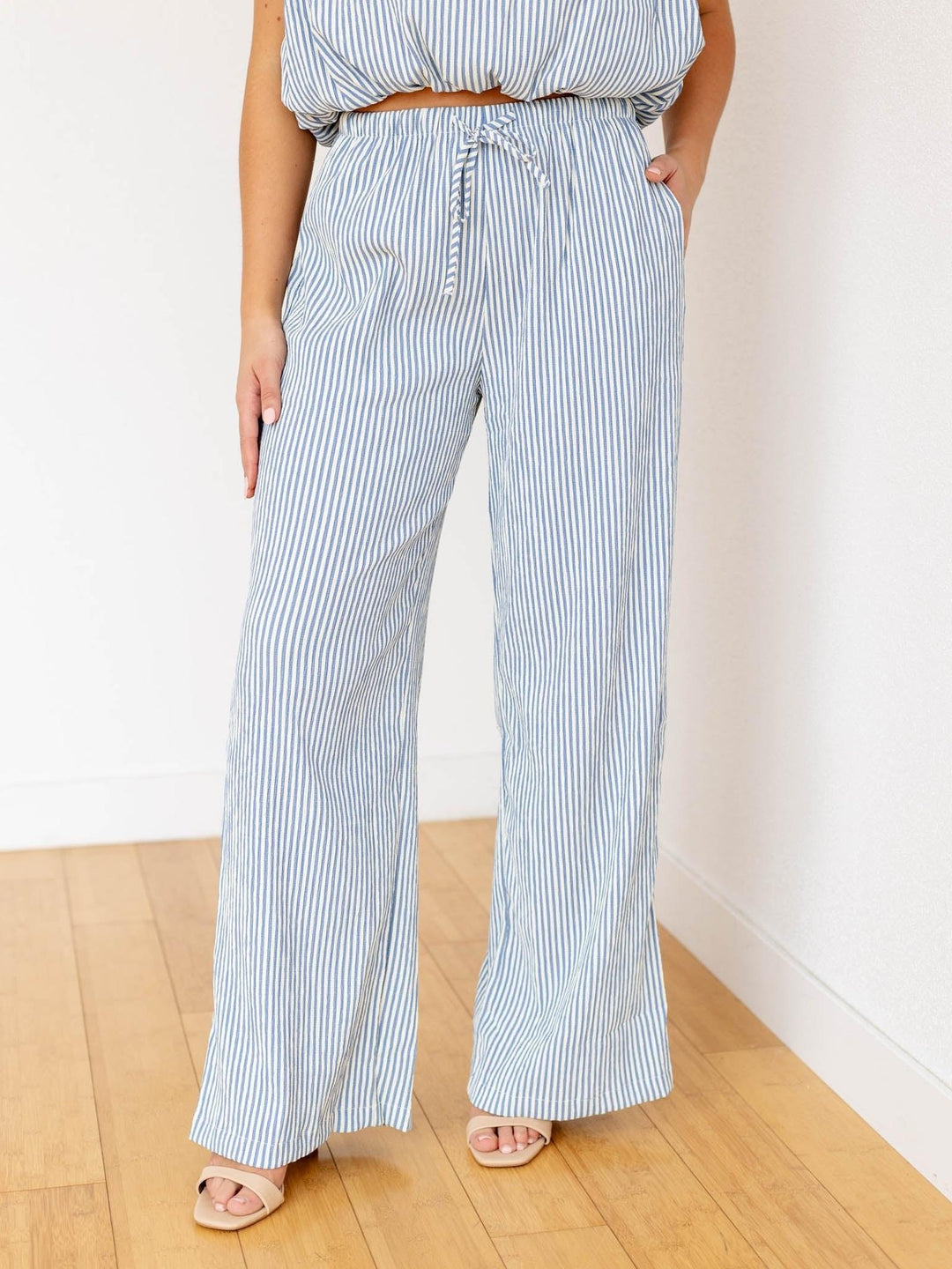 stripe drawstring wide leg pants