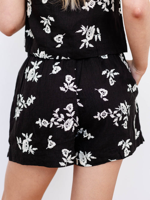 black and white embroidered floral shorts