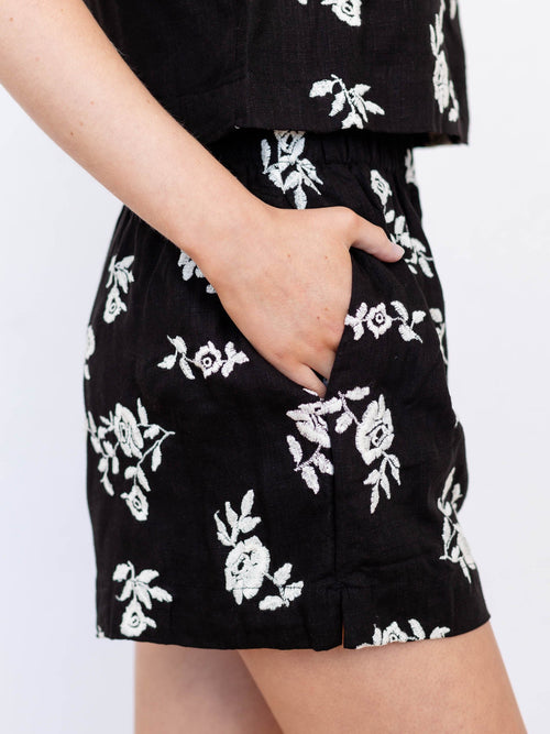black and white embroidered floral shorts