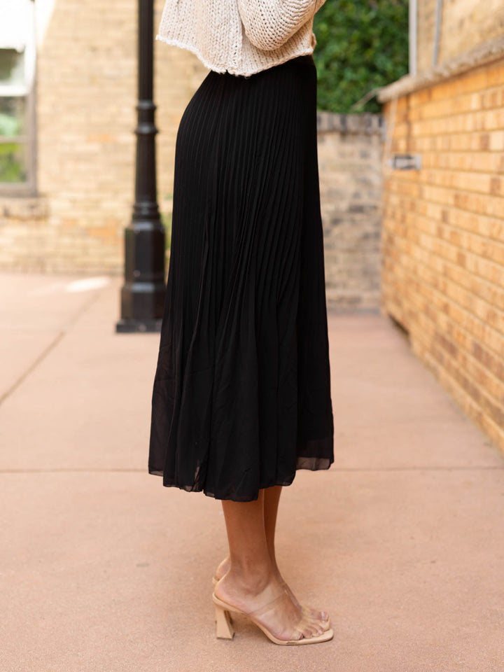 Black Tape Pleated Midi Skirt