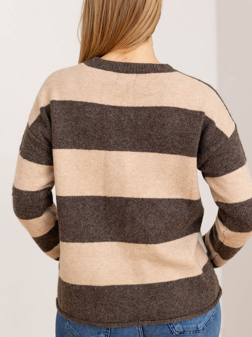 brown and white stripe crew neck sweater