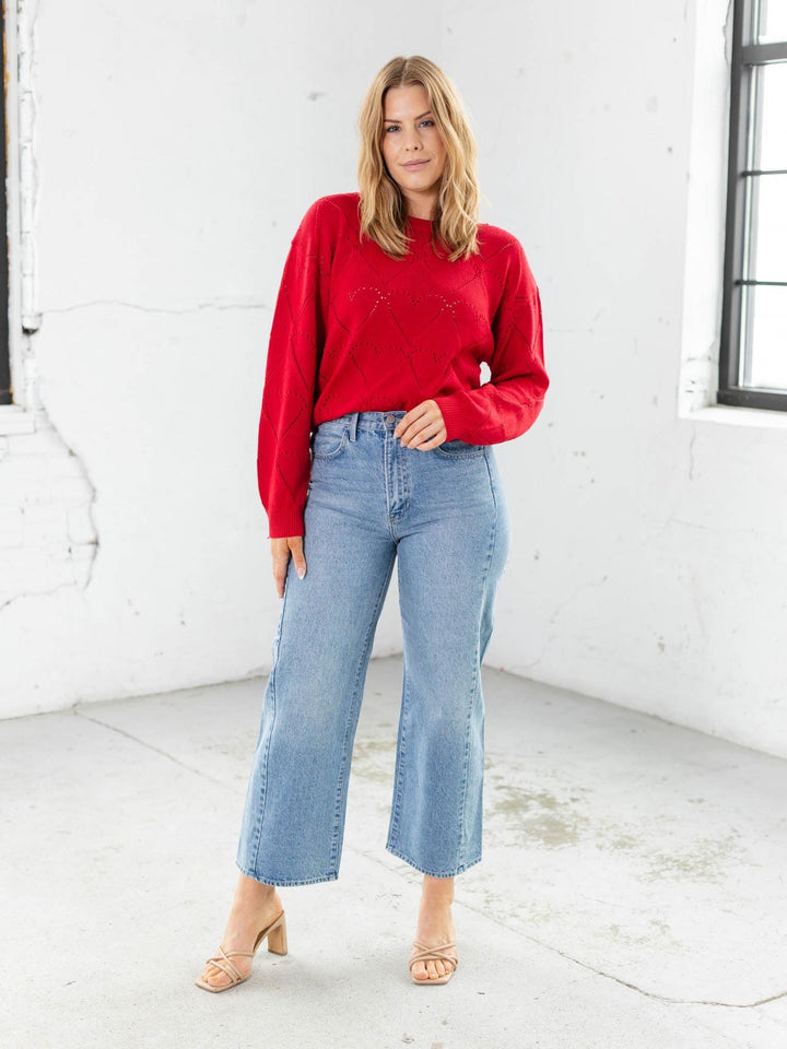 red heart shaped textured sweater