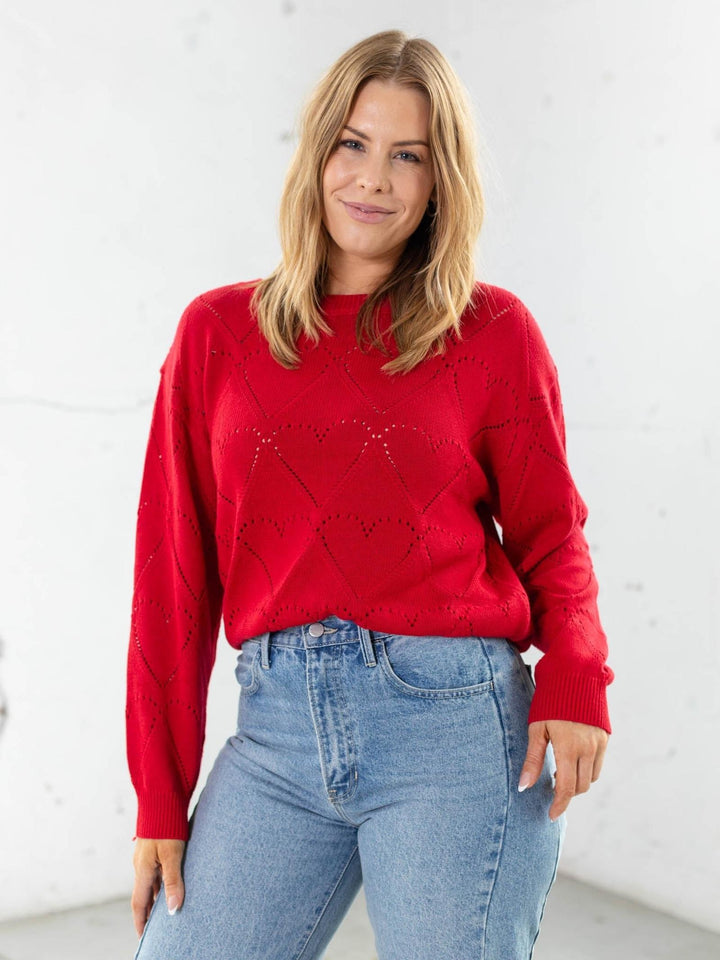 red heart shaped textured sweater