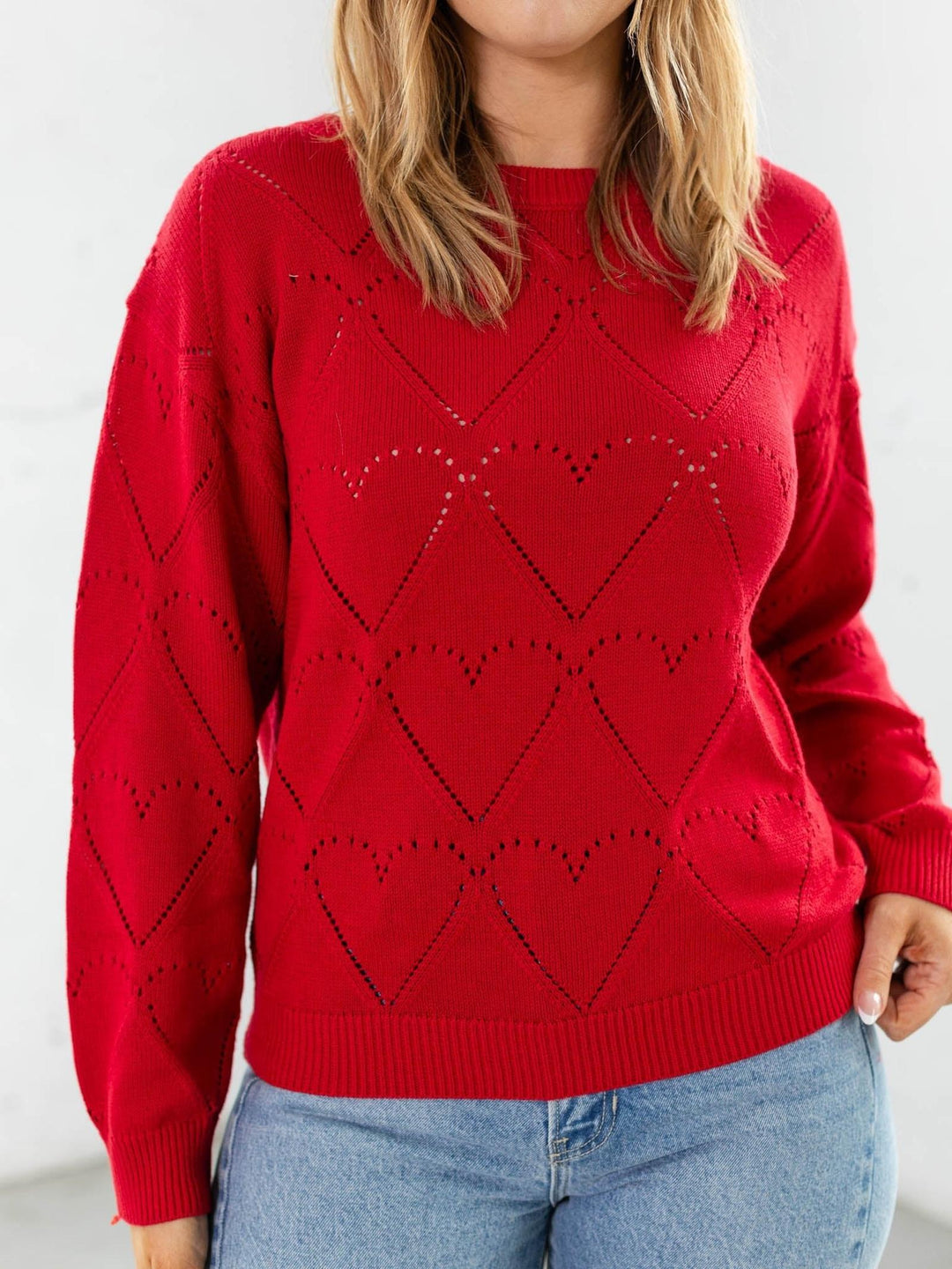 red heart shaped textured sweater