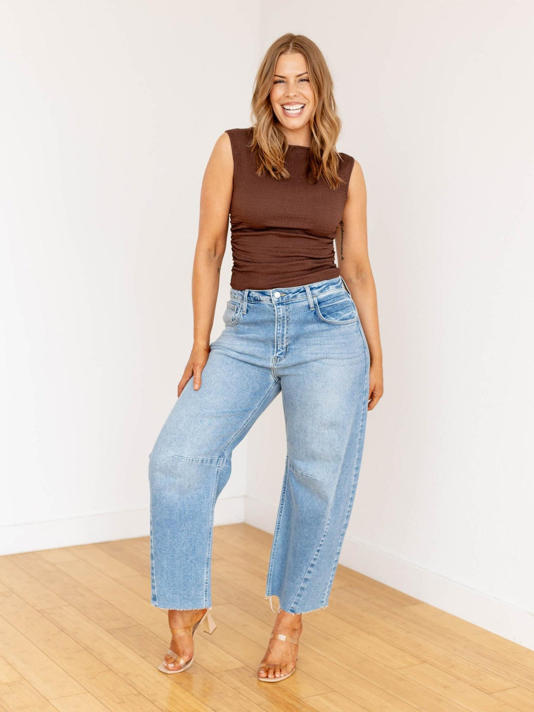 brown textured boat neck ruched tank
