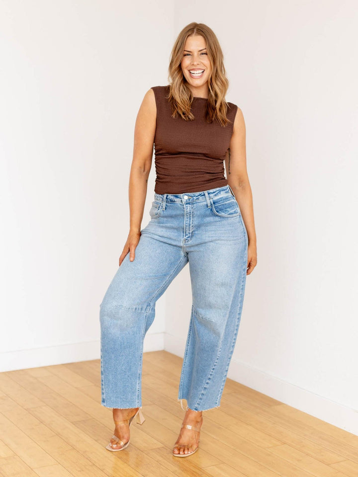 brown textured boat neck ruched tank