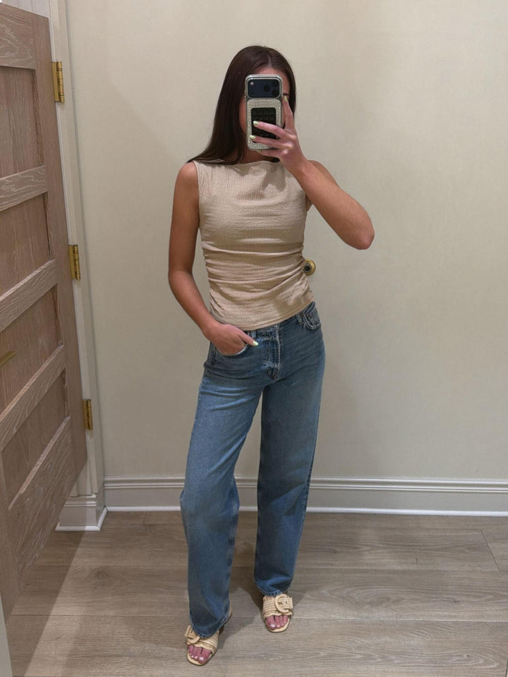 textured boat neck tank top