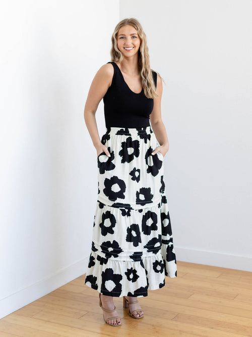 white and black floral maxi skirt