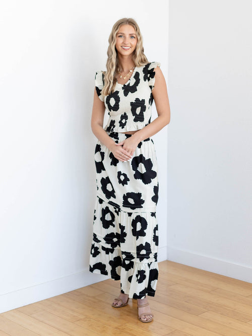 white and black floral maxi skirt