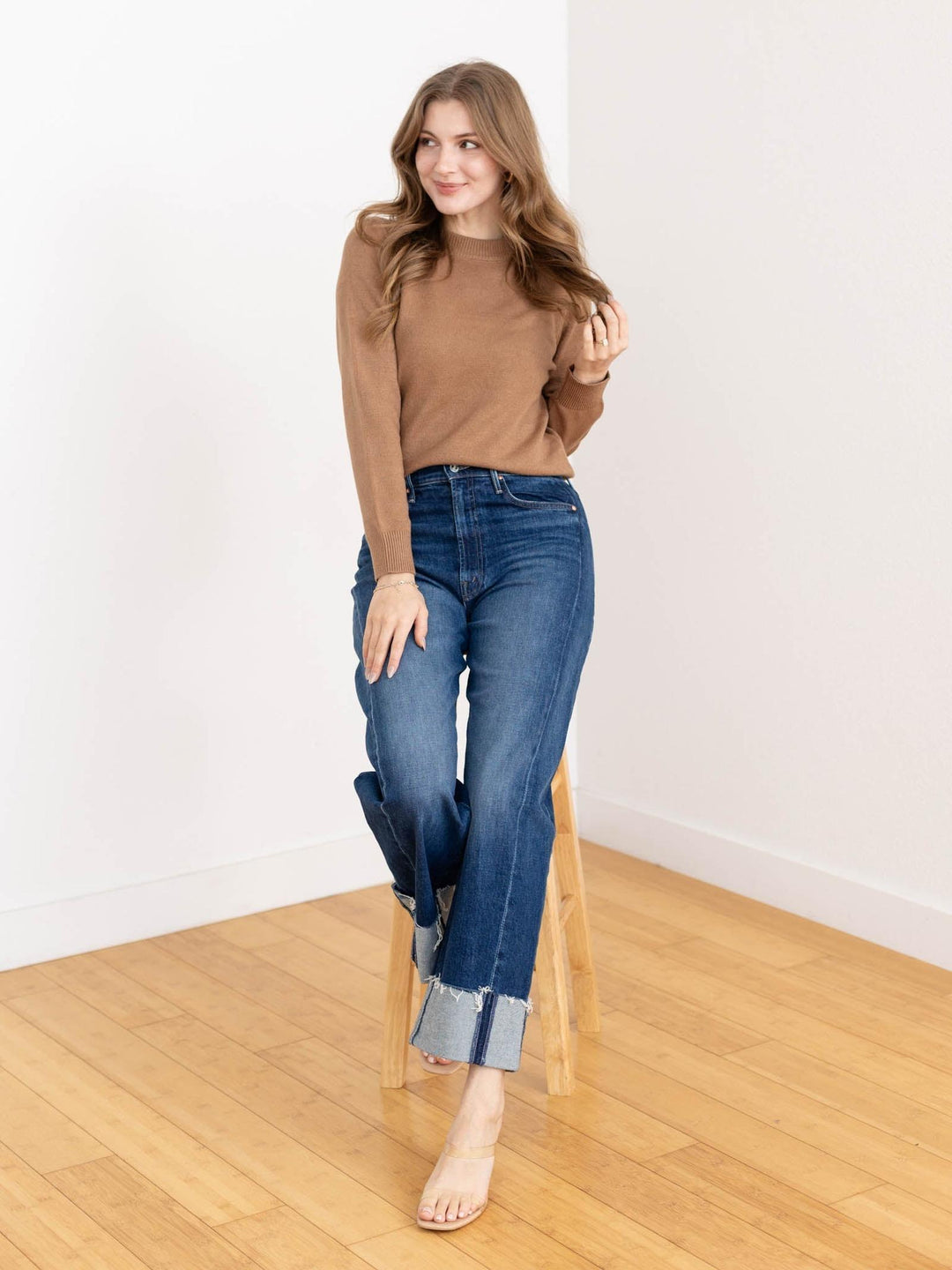 tan high neck boxy sweater