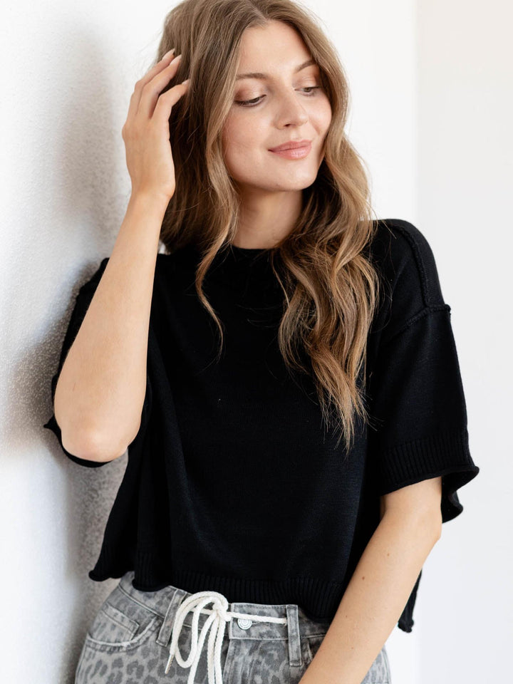 boxy black drop shoulder top