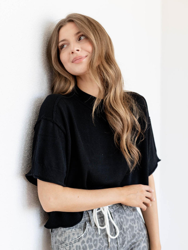 boxy black drop shoulder top
