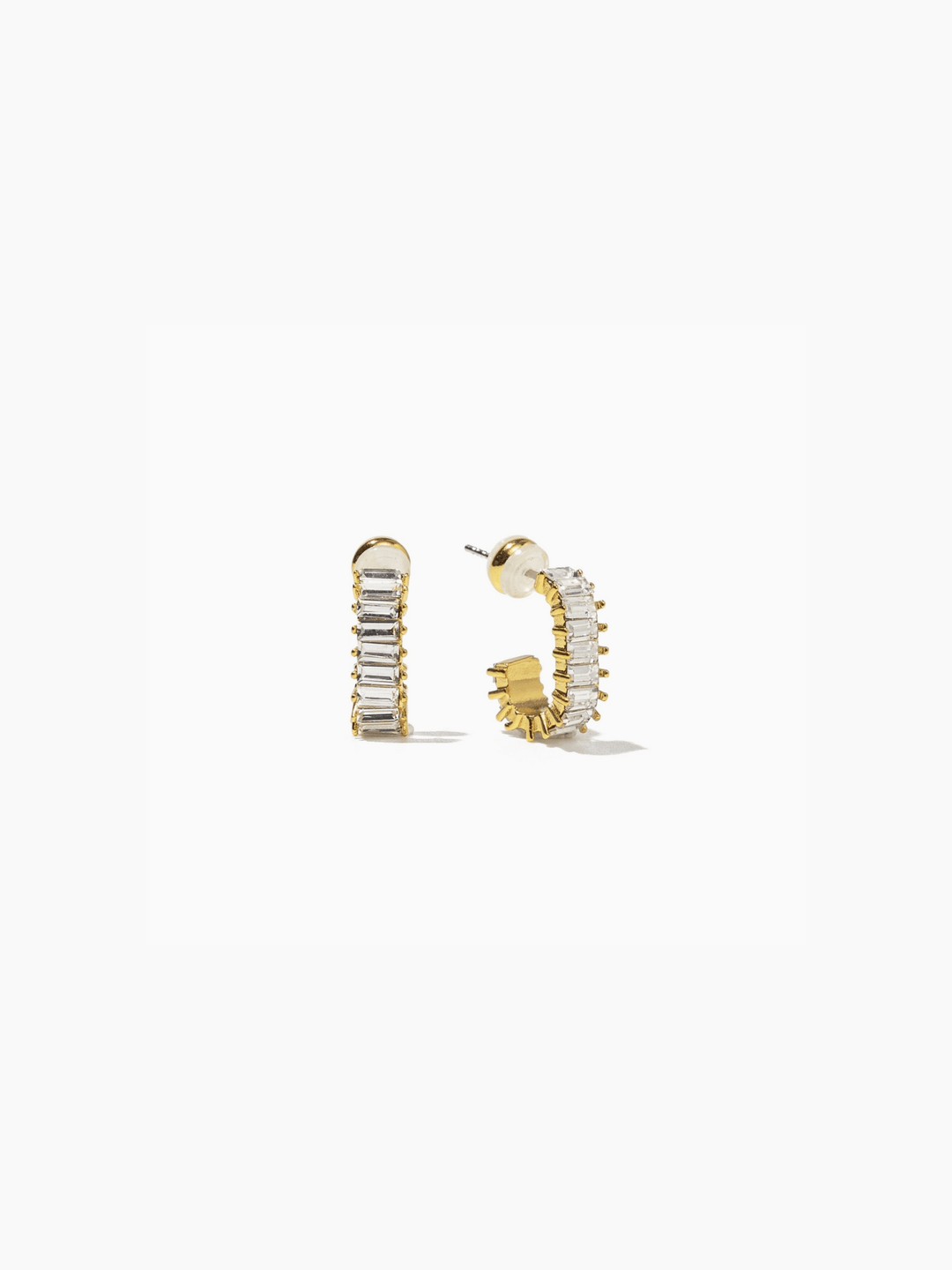 Gold hoop earrings with embedded stones on a white background