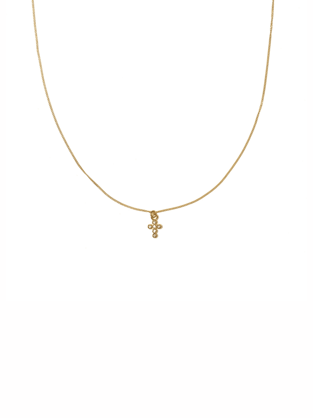 A delicate gold chain necklace with a small cross pendant adorned with tiny clear stones, displayed against a solid white background.