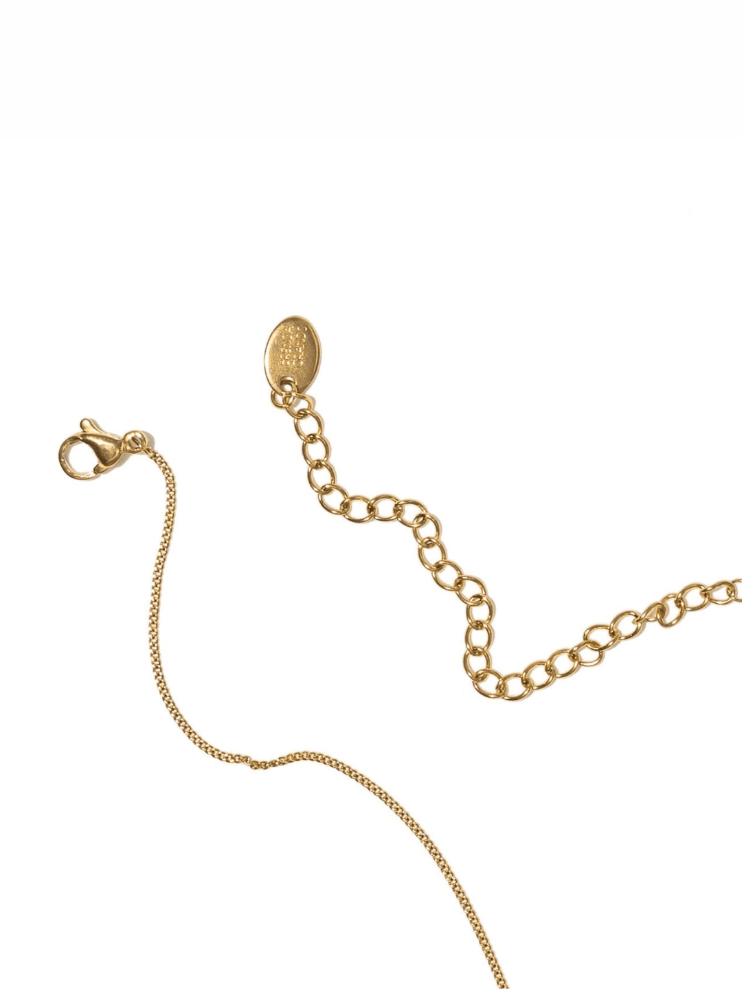 Gold chain necklace with a lobster clasp, extender chain, and oval brand tag on a plain white background.
