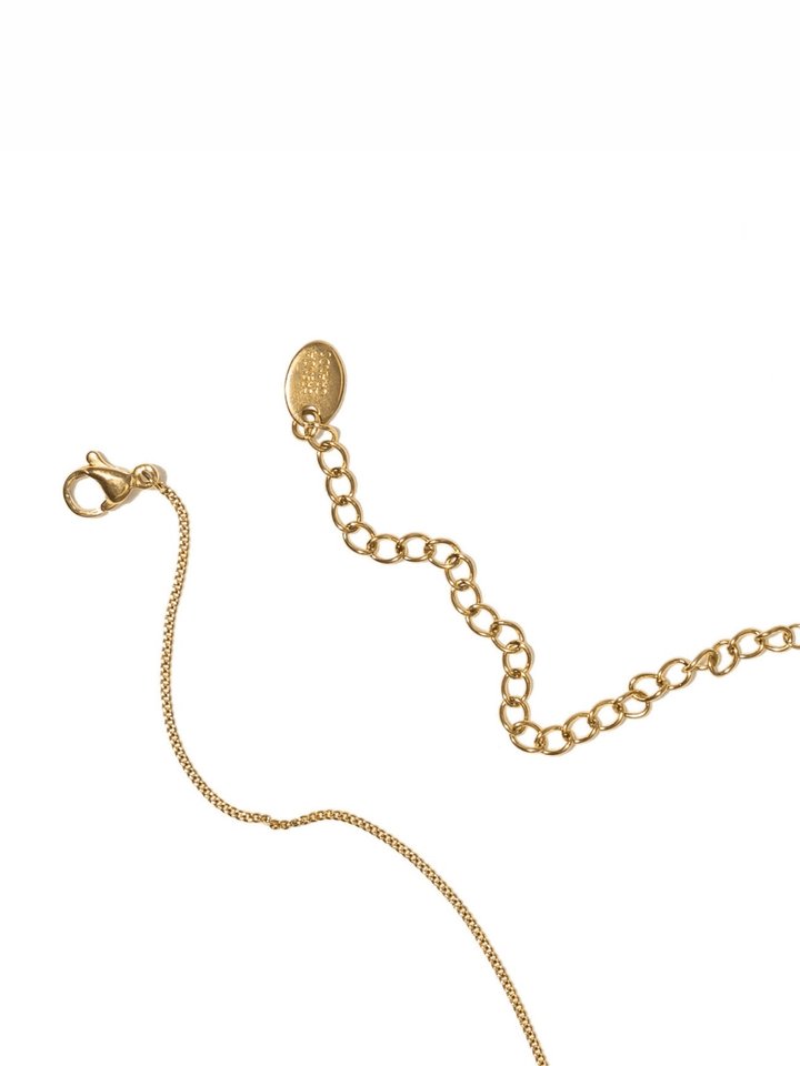 Gold chain necklace with a lobster clasp, extender chain, and oval brand tag on a plain white background.