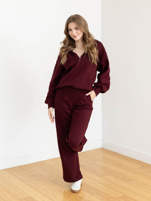 dark cherry pleated fleece pants