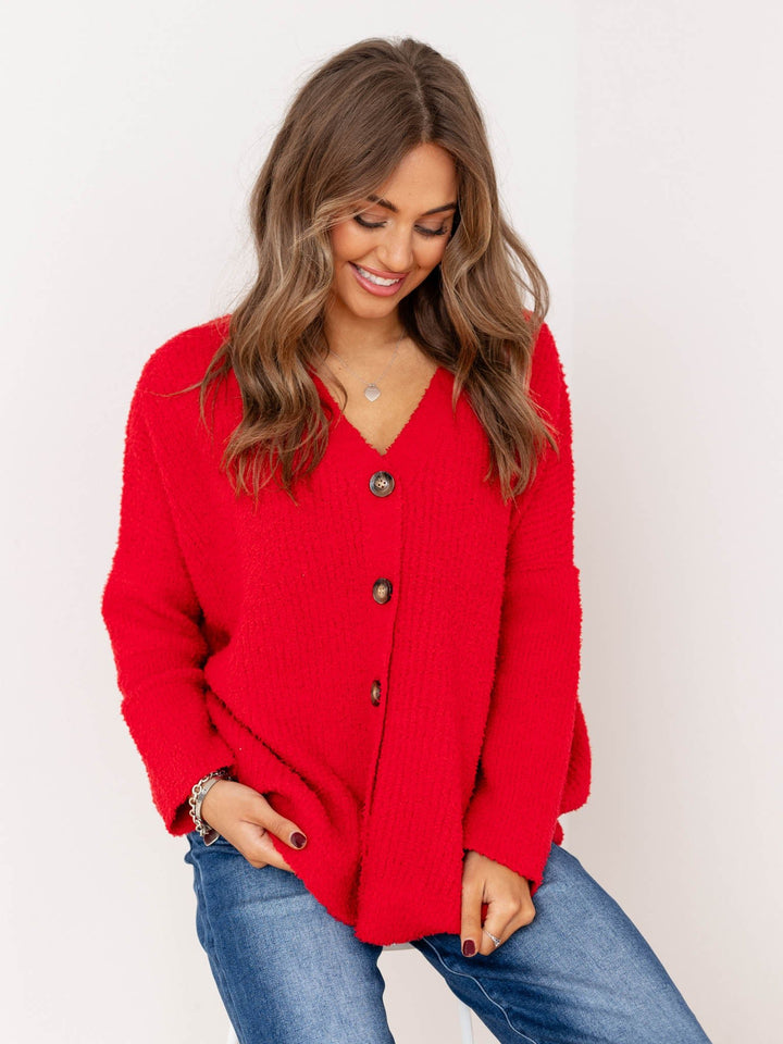 red fuzzy cardigan