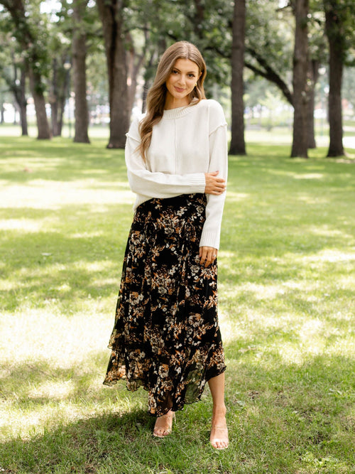 flowy mesh black floral skirt