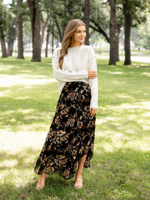 flowy mesh black floral skirt