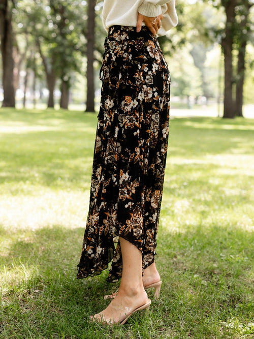 flowy mesh black floral skirt