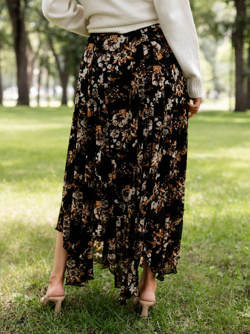 flowy mesh black floral skirt
